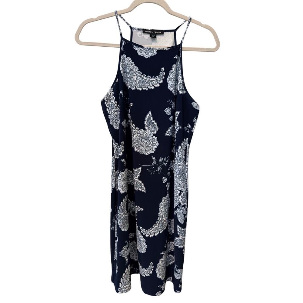 Boston Proper Dress Women's Size Medium Blue Paisley Print Luxury Sundress Chic